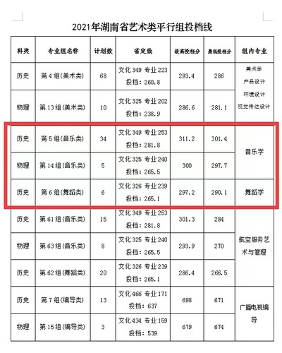 2021年湖南省艺术类平行组投档线
